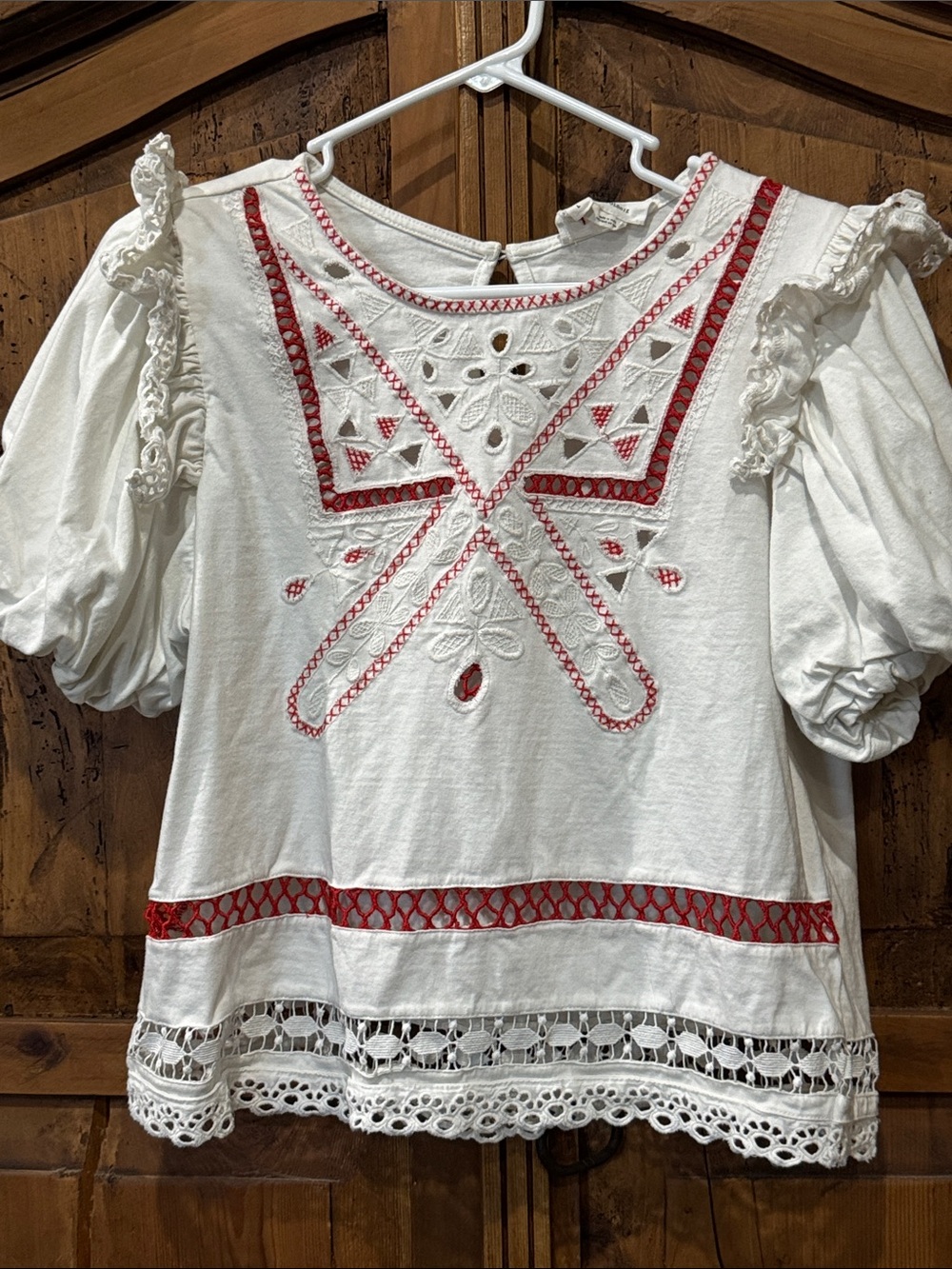 Anthropologie White Peasant Blouse with puff shoulders and Red Embroidery